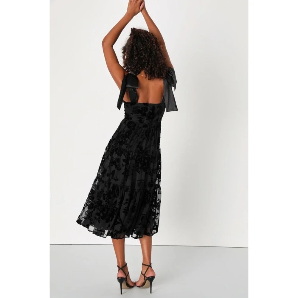 NWT Lulus Sweet Essence Black Floral Burnout‎ Velvet Tie-Strap Midi Dress XL